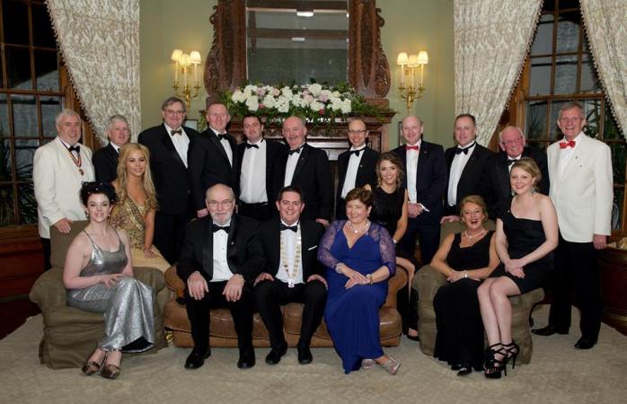 Monaghan Lions Club Charter Dinner 2015 at Castle Leslie with Lion Lesley Goggins (front left) and Past President and Past DG Bill Goggins (back right); Past District Governor Sean Sandford (back left);  Second Vice District Governor Paul Allen and Lion President Adrian McElvaney (centre)